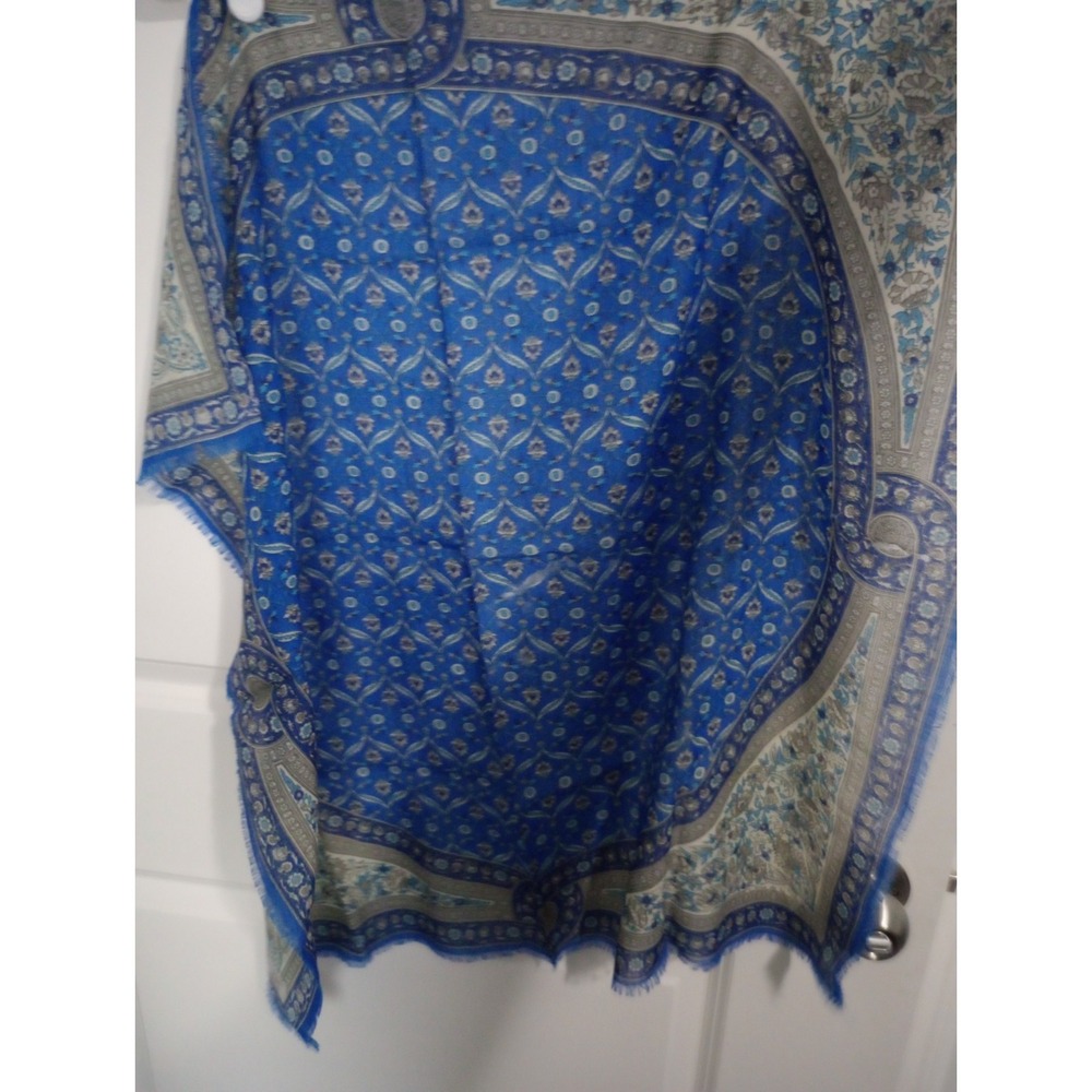 Vintage Oscar de la Renta Blue Floral Tile Print Scarf 30" Square Fringe...